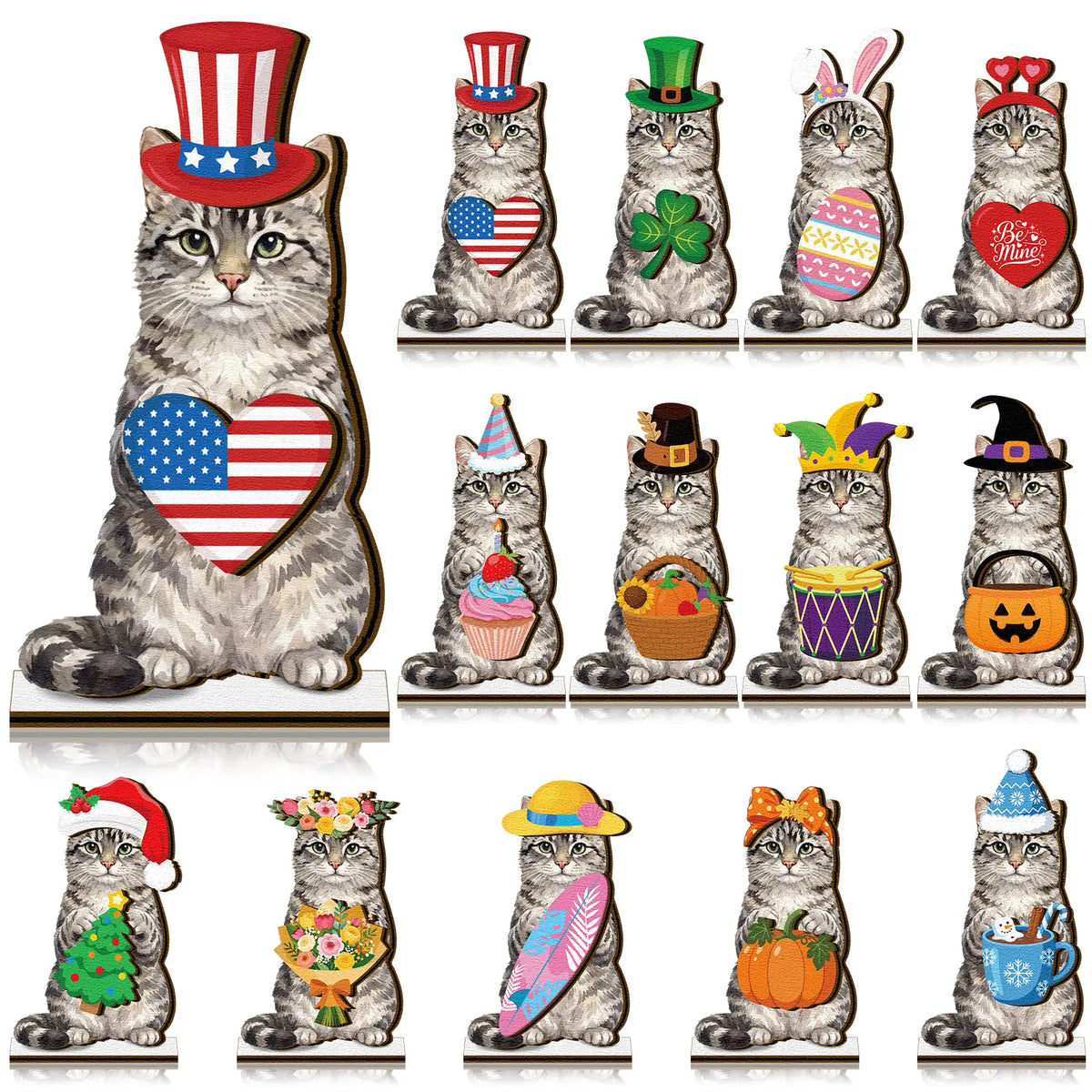 🐱 Interchangeable Seasonal Cat Wooden Decor – Holiday Desk & Home Decoration