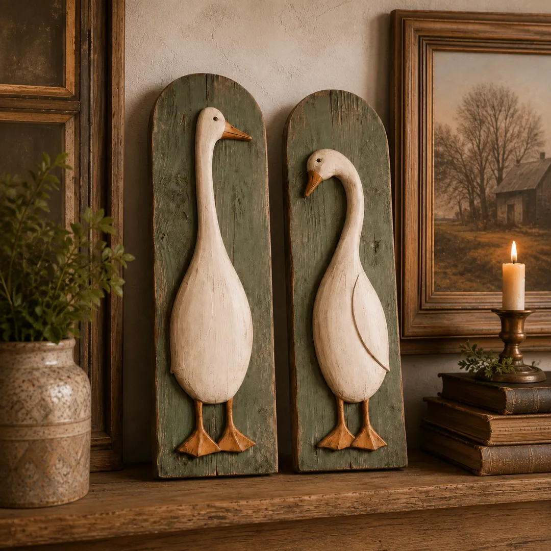 🪿 Set of 2 Handcrafted Rustic Goose Wall Art – Vintage Farmhouse Charm