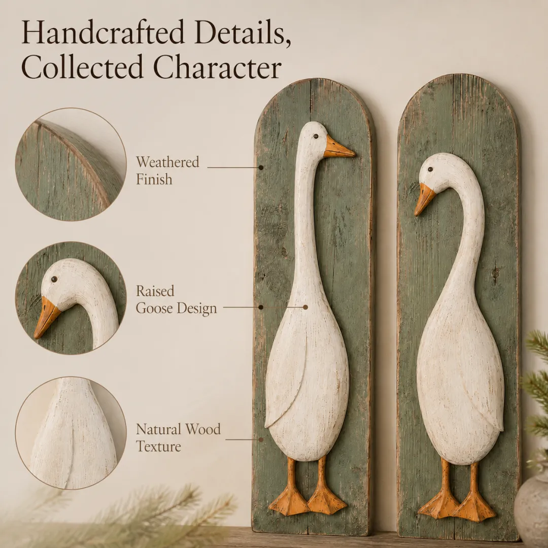 🪿 Set of 2 Handcrafted Rustic Goose Wall Art – Vintage Farmhouse Charm