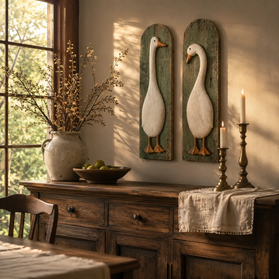 🪿 Set of 2 Handcrafted Rustic Goose Wall Art – Vintage Farmhouse Charm