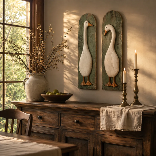 🪿 Set of 2 Handcrafted Rustic Goose Wall Art – Vintage Farmhouse Charm