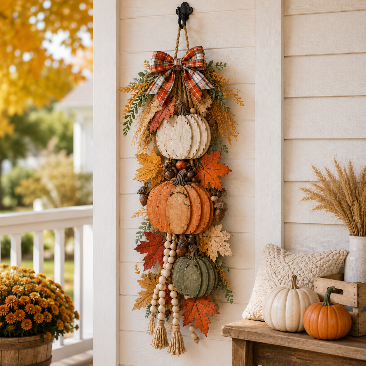 🏡🎃 Rustic Lighted Stacked Pumpkin Door Hanging – Warm Farmhouse Fall Decor