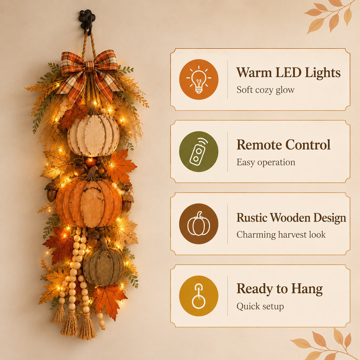 🏡🎃 Rustic Lighted Stacked Pumpkin Door Hanging – Warm Farmhouse Fall Decor