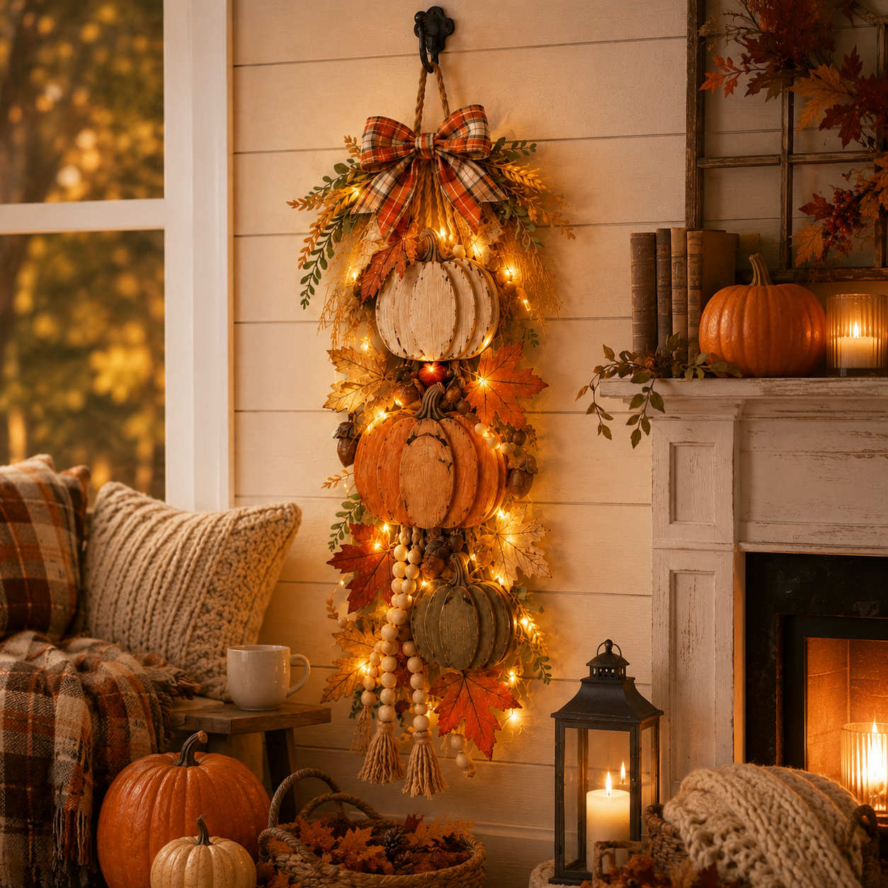 🏡🎃 Rustic Lighted Stacked Pumpkin Door Hanging – Warm Farmhouse Fall Decor