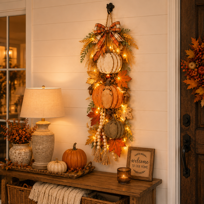 🏡🎃 Rustic Lighted Stacked Pumpkin Door Hanging – Warm Farmhouse Fall Decor