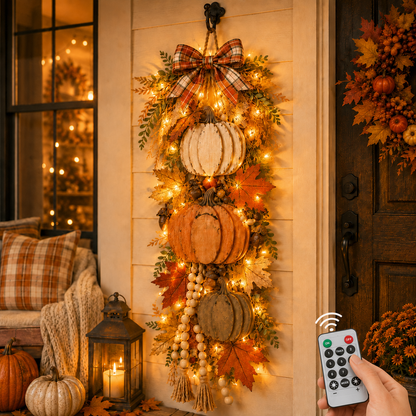 🏡🎃 Rustic Lighted Stacked Pumpkin Door Hanging – Warm Farmhouse Fall Decor