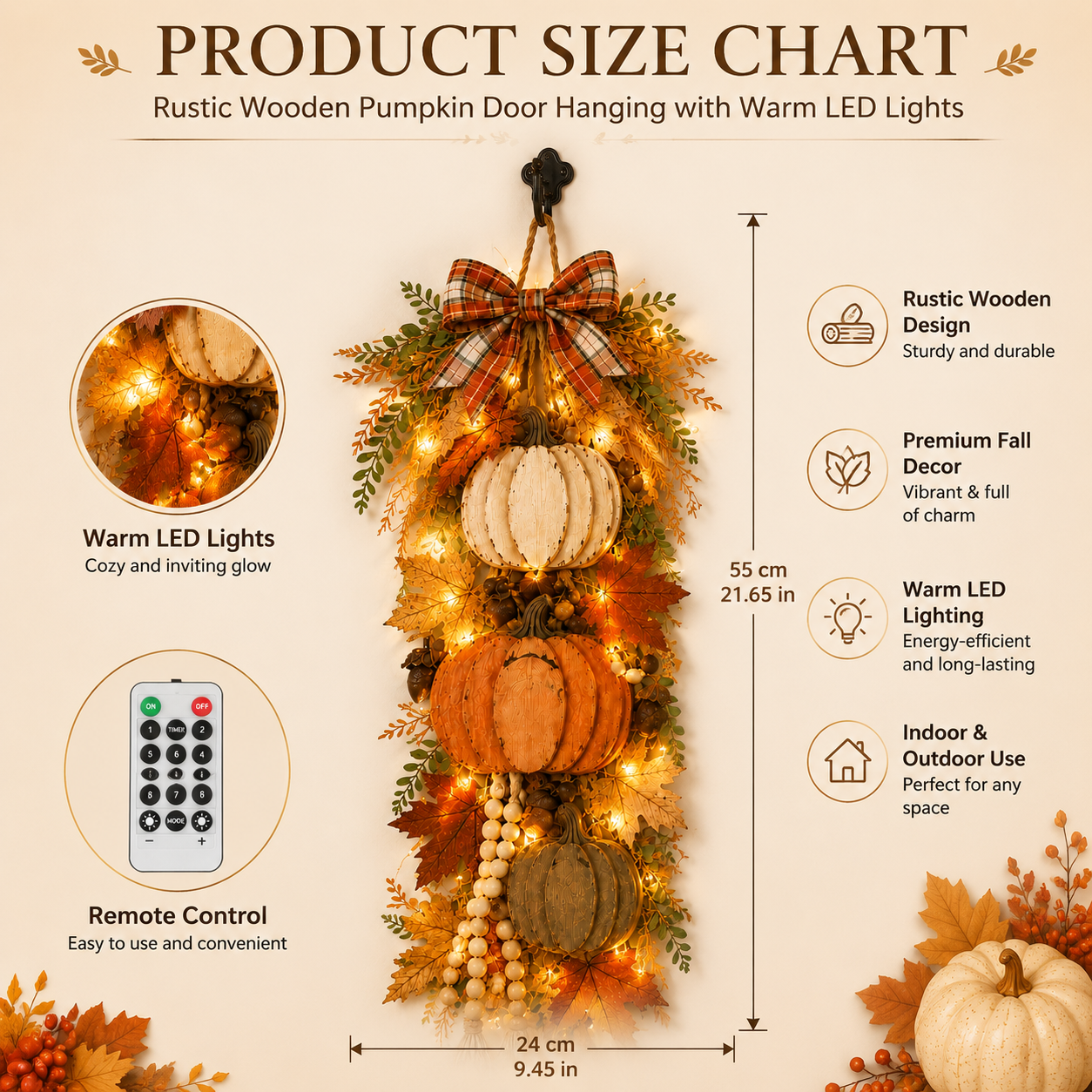 🏡🎃 Rustic Lighted Stacked Pumpkin Door Hanging – Warm Farmhouse Fall Decor