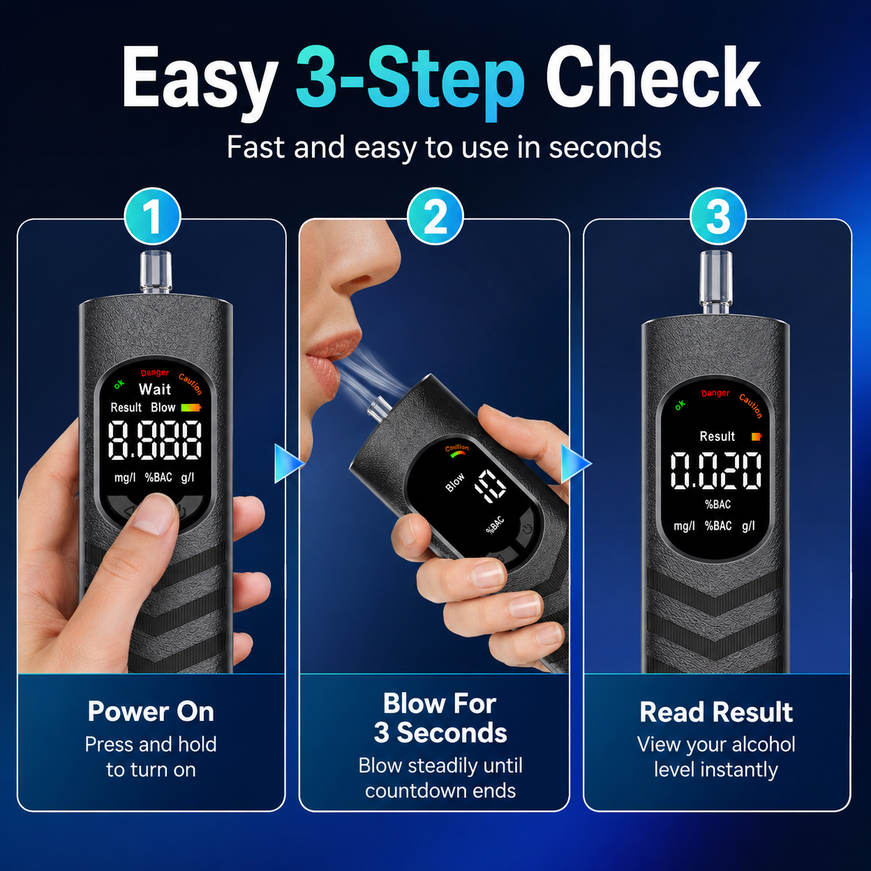 🚗 Rechargeable Digital Alcohol Breath Tester – Voice Broadcast & Tri-Color Alert