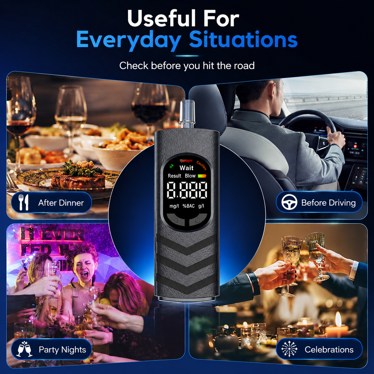 🚗 Rechargeable Digital Alcohol Breath Tester – Voice Broadcast & Tri-Color Alert