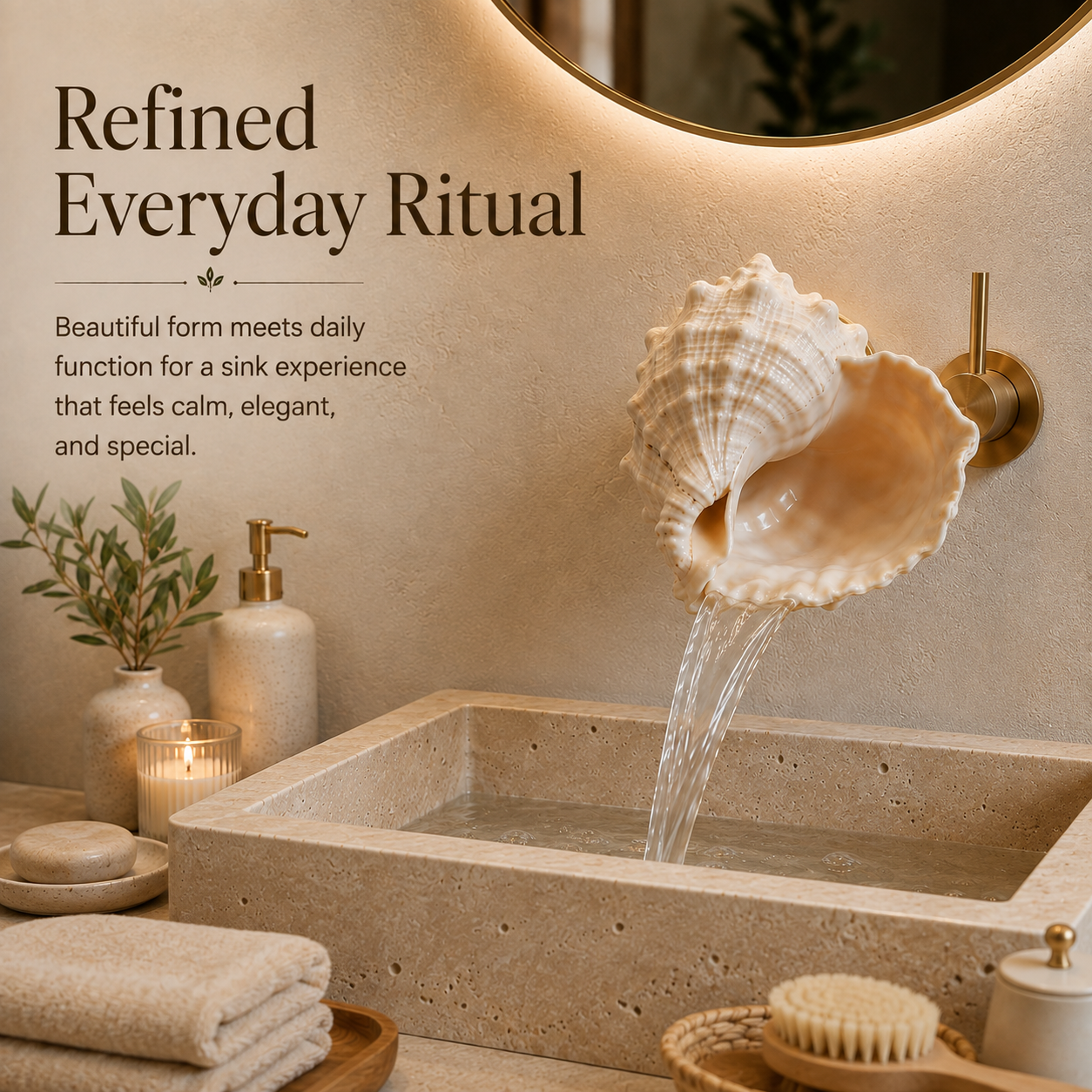 🐚 Coastal Seashell Waterfall Faucet – Sculptural Wall-Mounted Bathroom Fixture