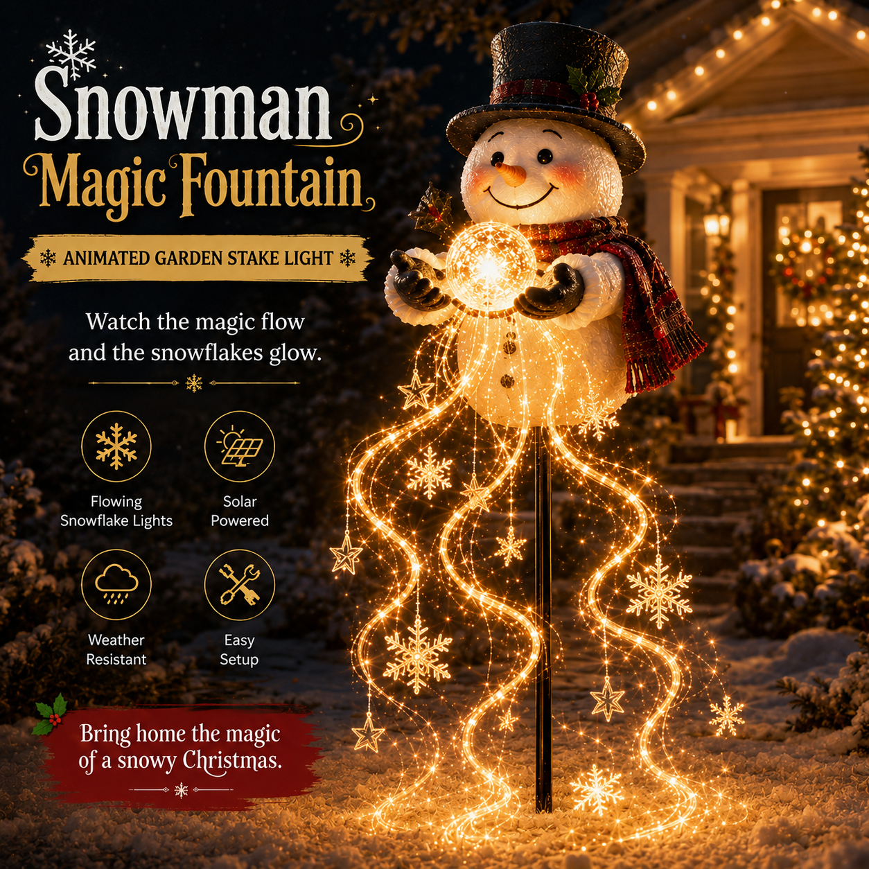 ⛄ Solar Snowman Magic Fountain Light – Flowing Snowflake Christmas Yard Decor