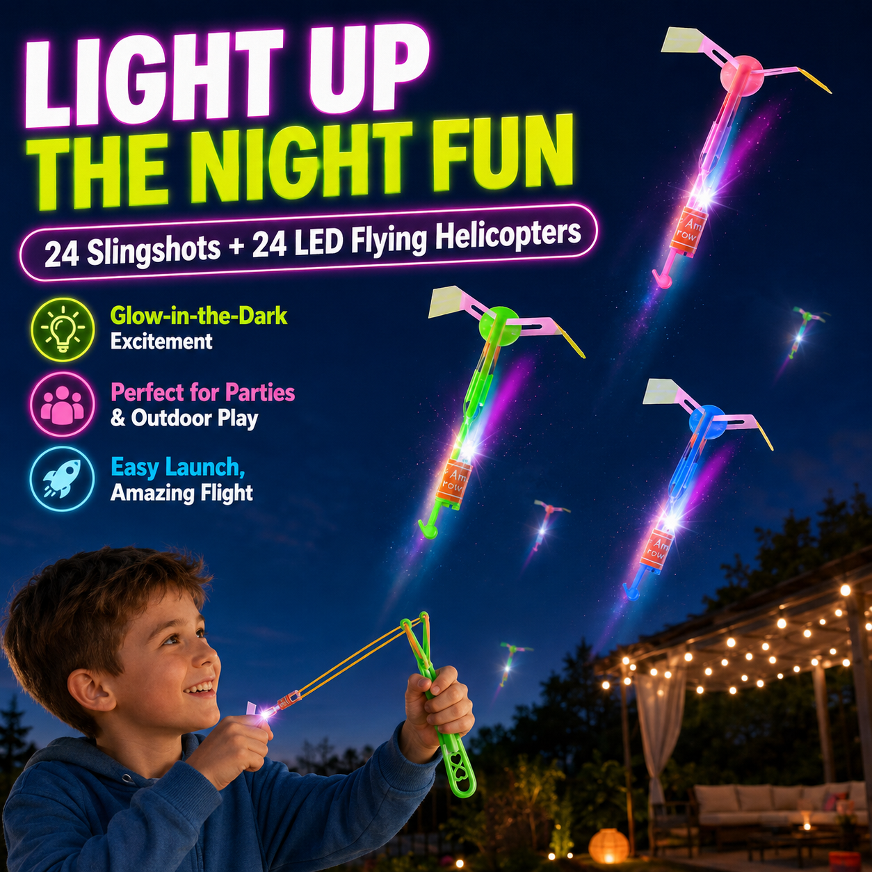 🚁 24-Set LED Flying Helicopters – 48-Piece Glow-in-the-Dark Slingshot Party Pack