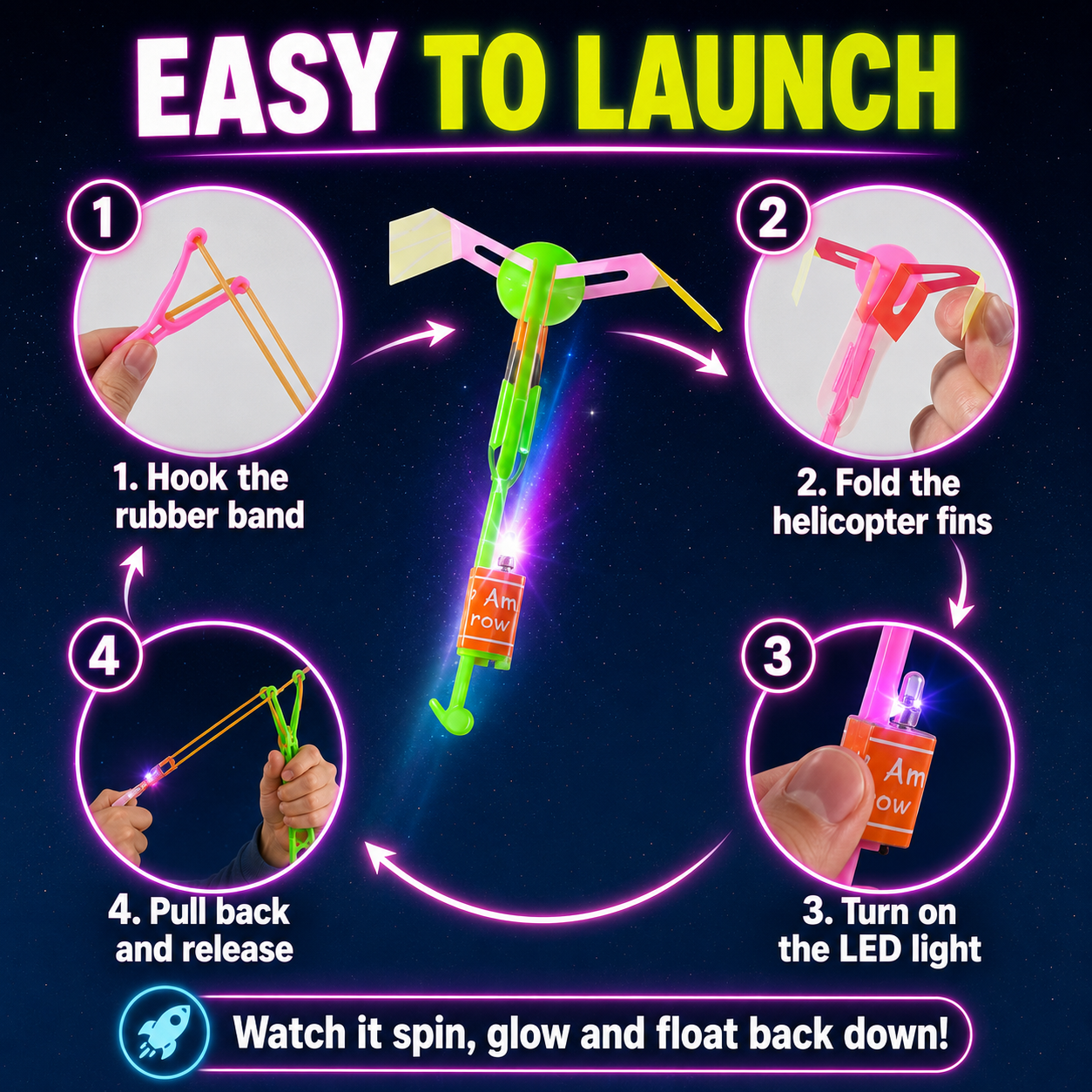 🚁 24-Set LED Flying Helicopters – 48-Piece Glow-in-the-Dark Slingshot Party Pack