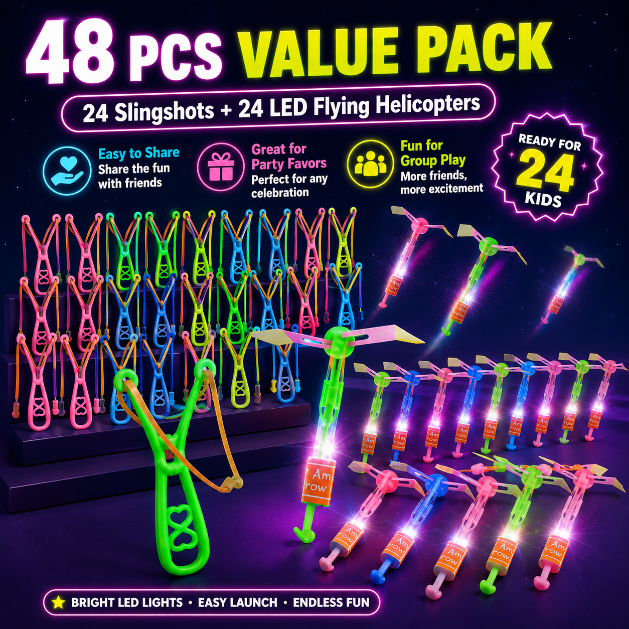 🚁 24-Set LED Flying Helicopters – 48-Piece Glow-in-the-Dark Slingshot Party Pack