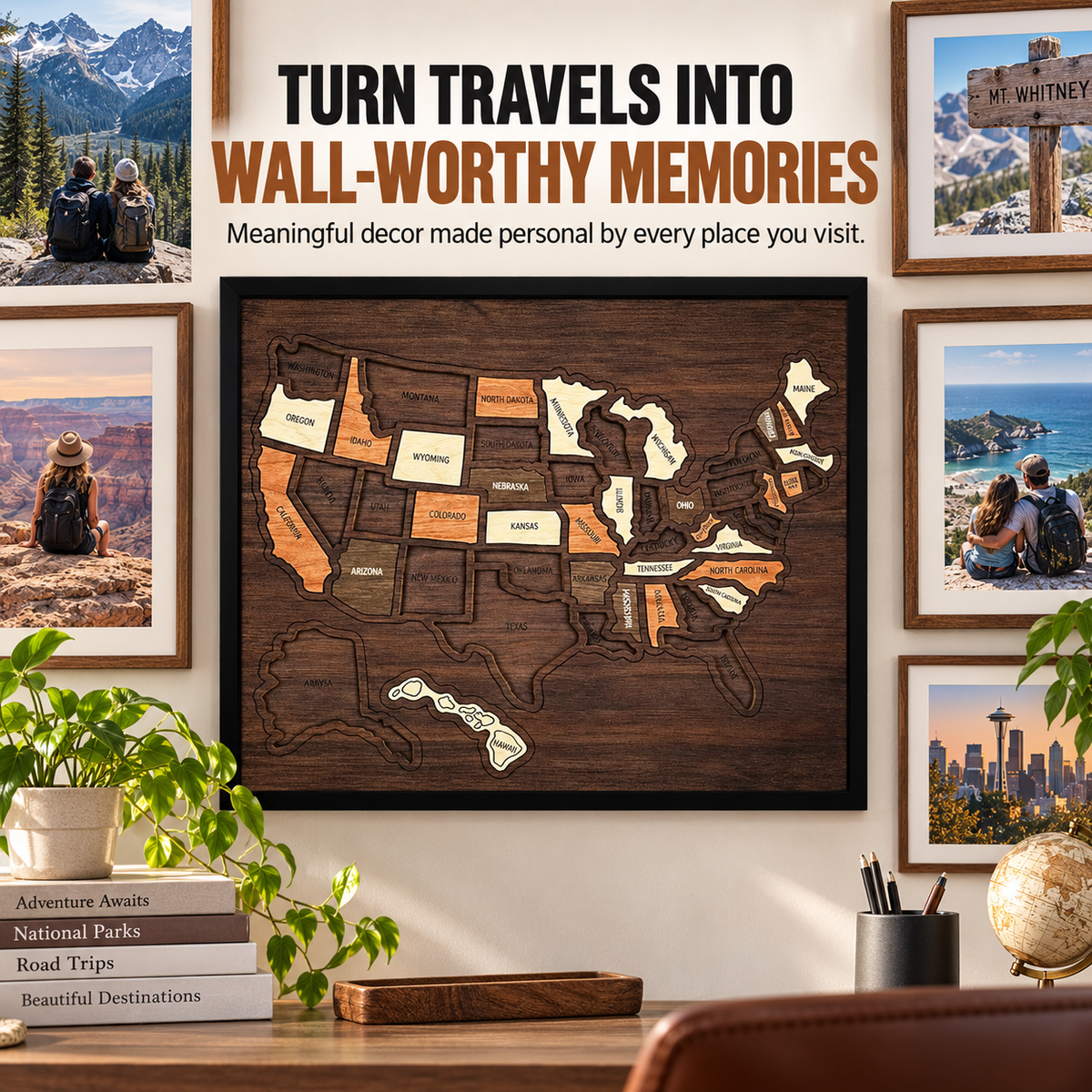 🗺️ Wooden USA Travel Map – Personalized Adventure Memory Wall Decor & Gift