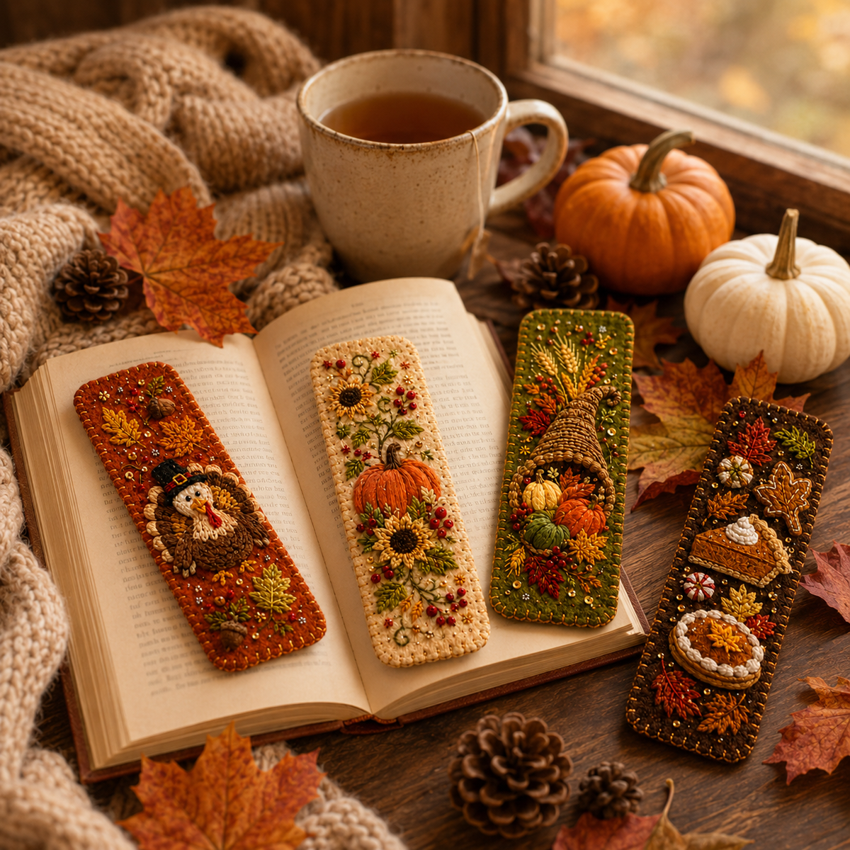 🎃4-Piece ThanksgivingEmbroidered FeltBookmark Set