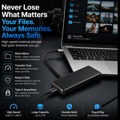 🚀 Portable External SSD Backup Drive – High-Speed Storage For Photos, Videos & Files