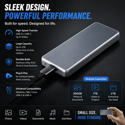 🚀 Portable External SSD Backup Drive – High-Speed Storage For Photos, Videos & Files