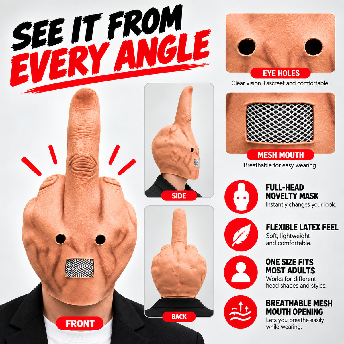 🖕 Uncanny Smile Finger Mask – Halloween Prank & Party Costume