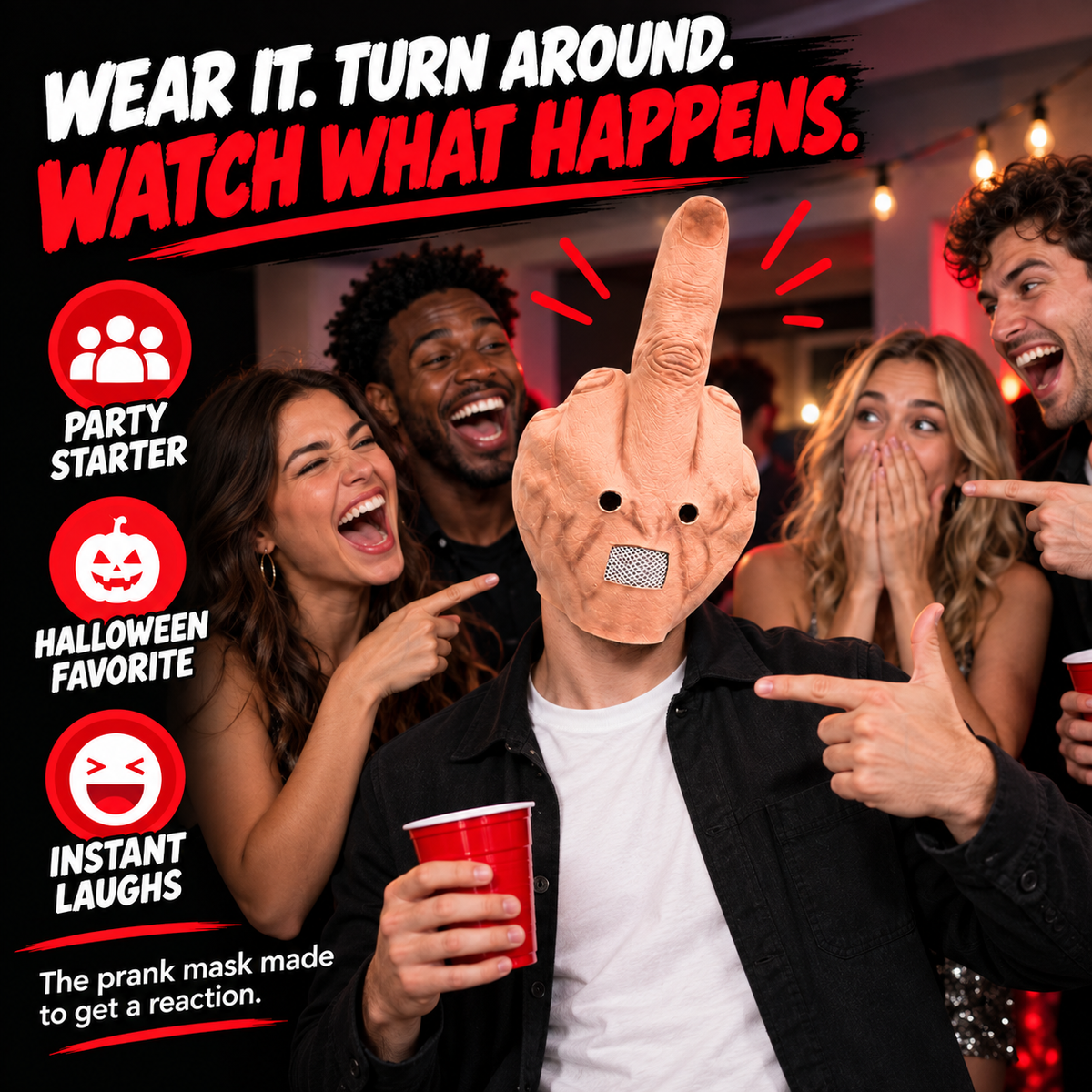 🖕 Uncanny Smile Finger Mask – Halloween Prank & Party Costume