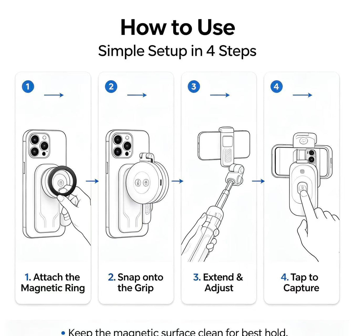 📸LAST DAY 32% OFF-Zoomable Magnetic Palm Grip | Selfie Stick & Tripod