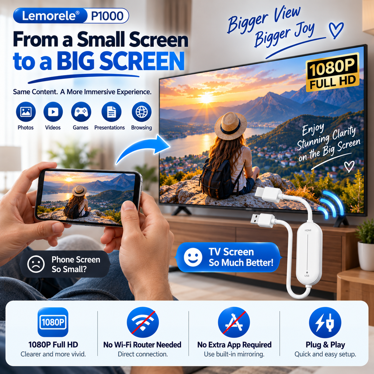 Phone screen wirelessly mirrored onto a much larger television