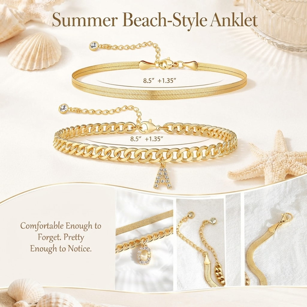 Personalized Initial Anklet – 14K Gold-Plated Waterproof Stackable Letter Charm