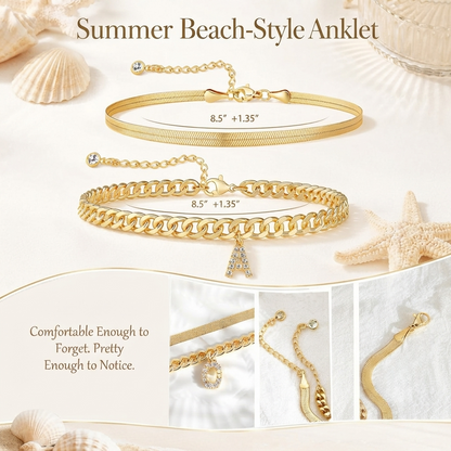 Personalized Initial Anklet – 14K Gold-Plated Waterproof Stackable Letter Charm