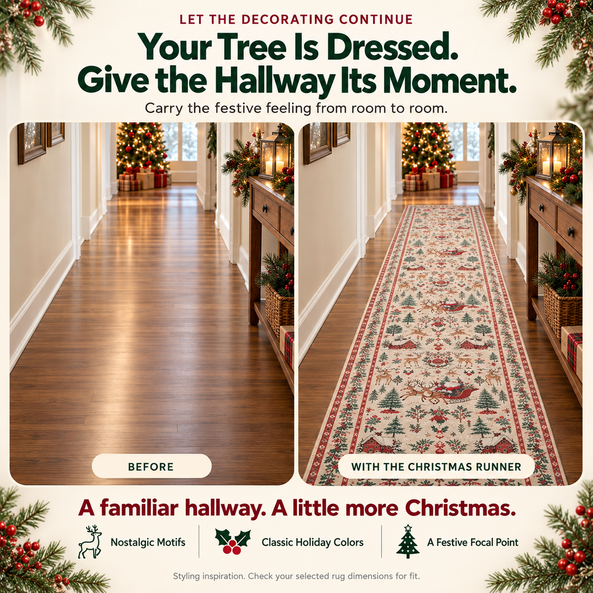 Before and after hallway transformation using vintage Christmas runner rug