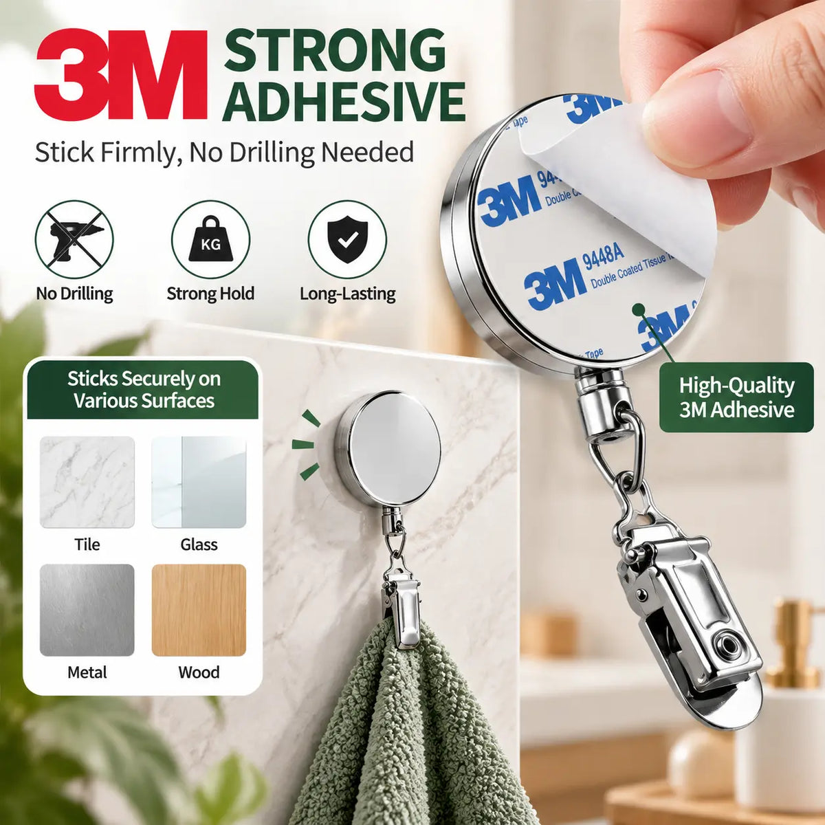 ✨ Retractable Towel Clip – Self-Adhesive & No Drill