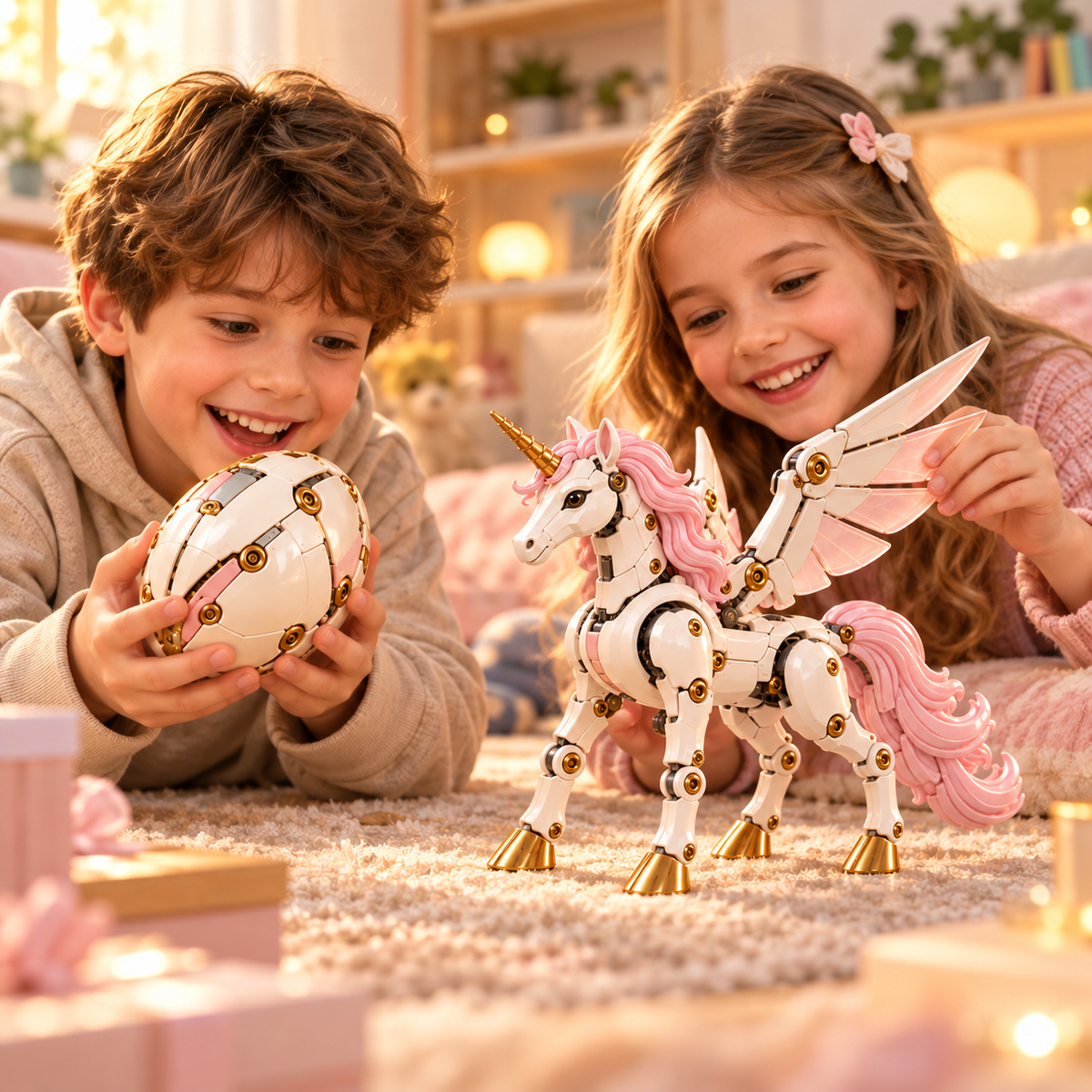 Children Exploring Mechanical Unicorn Egg
