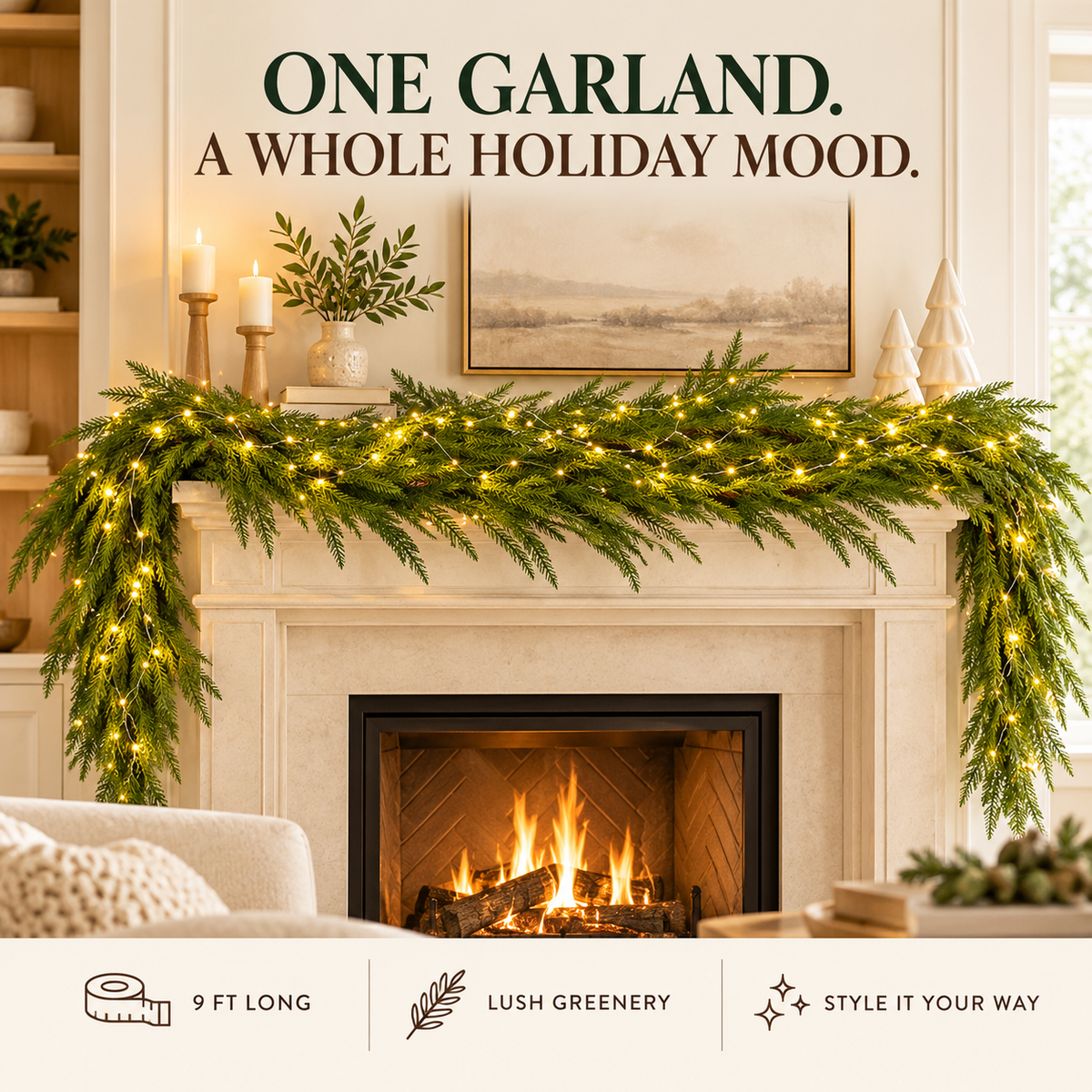 🎄 9FT Evergreen Christmas Garland | Lush Holiday Greenery for Mantels, Staircases & Entryways