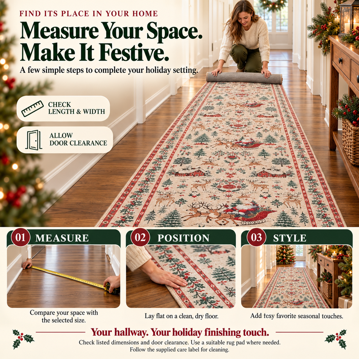 Measuring hallway and positioning vintage Christmas runner rug