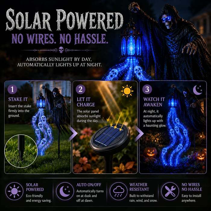 🔥 Today Only: 49% OFF 🔥Solar Grim Reaper Ghost Lantern Yard Stake with Blue LED Lights