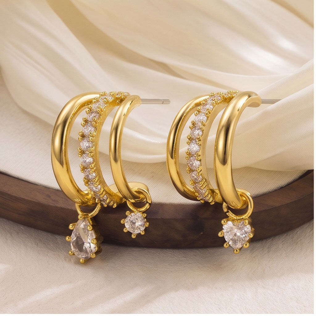 ✨Gold Plated Asymmetrical Earrings – 3-Tier Zircon Pendant Set for Women 💎
