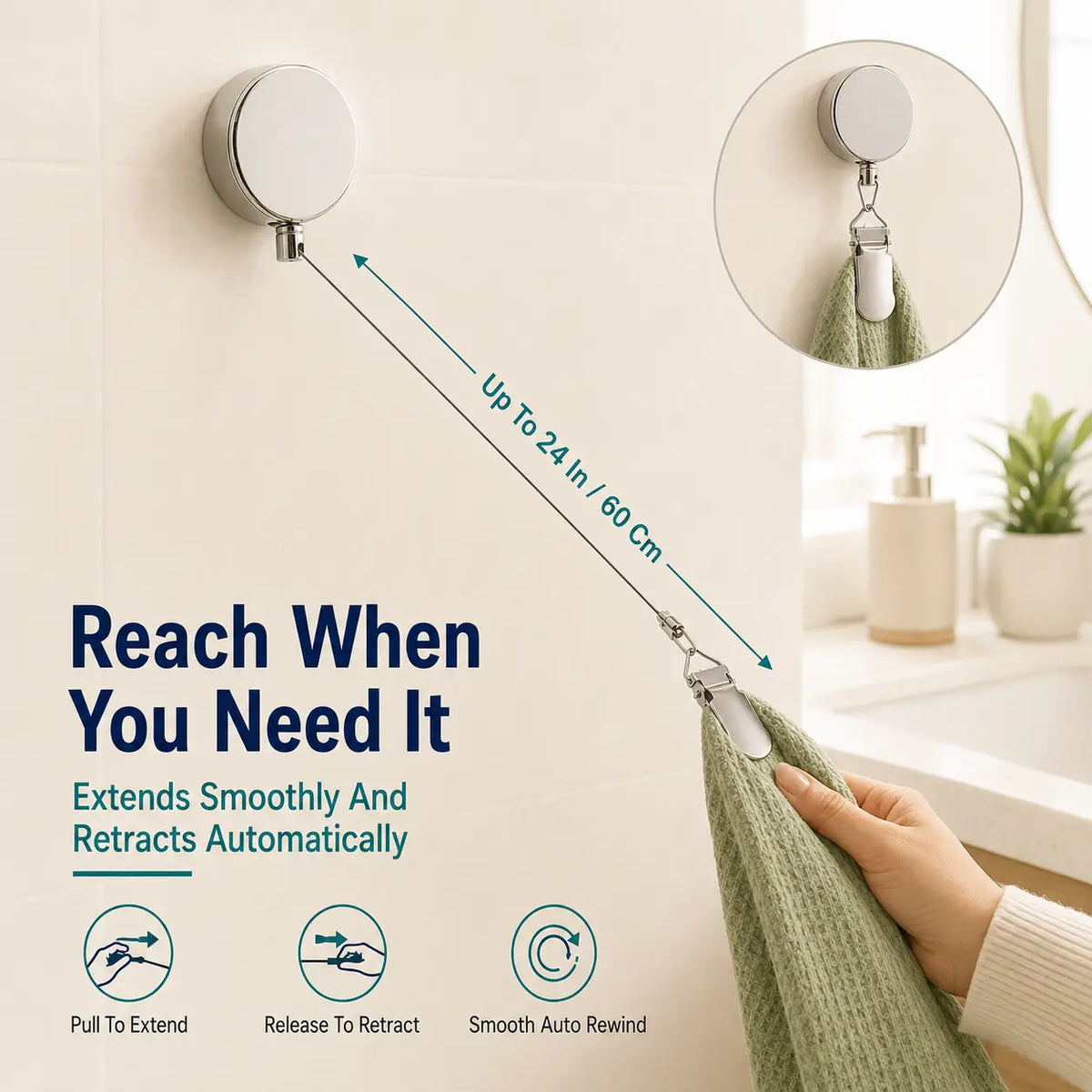 ✨ Retractable Towel Clip – Self-Adhesive & No Drill
