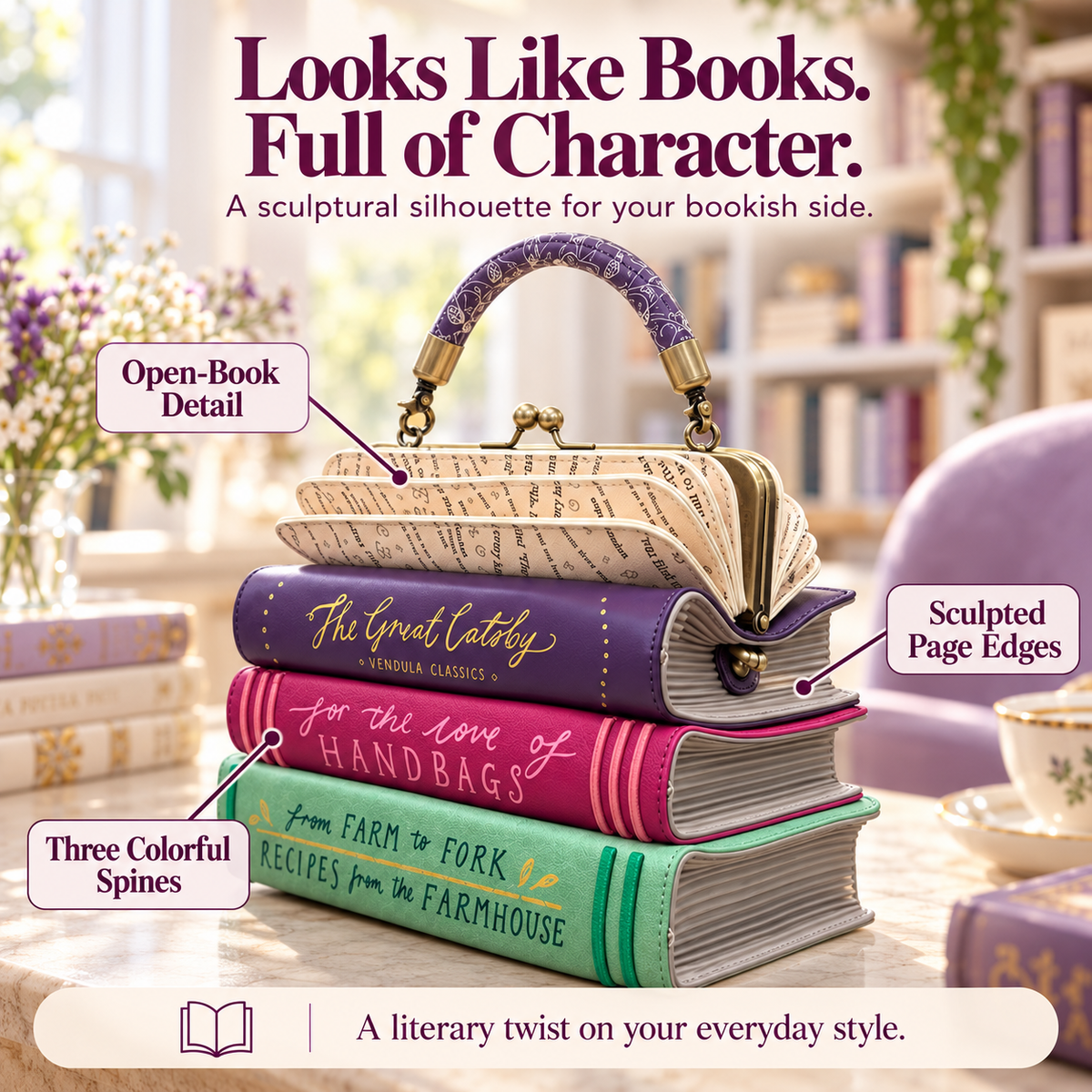 Three-layer sculptural book stack handbag with open book top