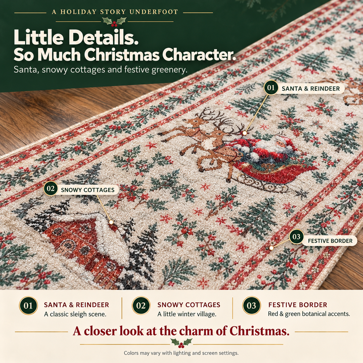 Close-up vintage Christmas rug with Santa reindeer snowy cottages evergreen trees and decorative border