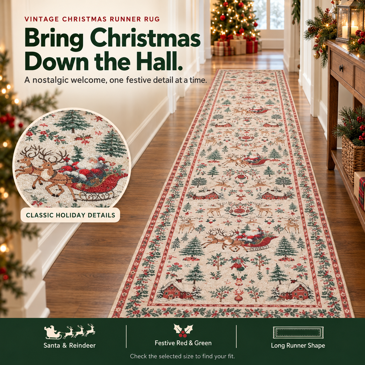 Vintage cream Christmas runner rug with Santa reindeer cottages and evergreen trees in decorated hallway