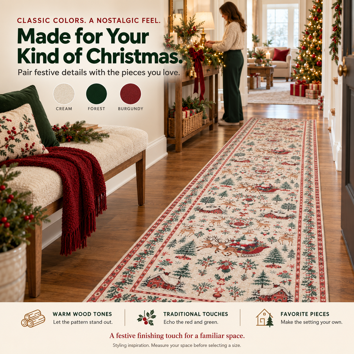 Vintage Christmas runner rug styled with cream burgundy forest green and warm wood home decor