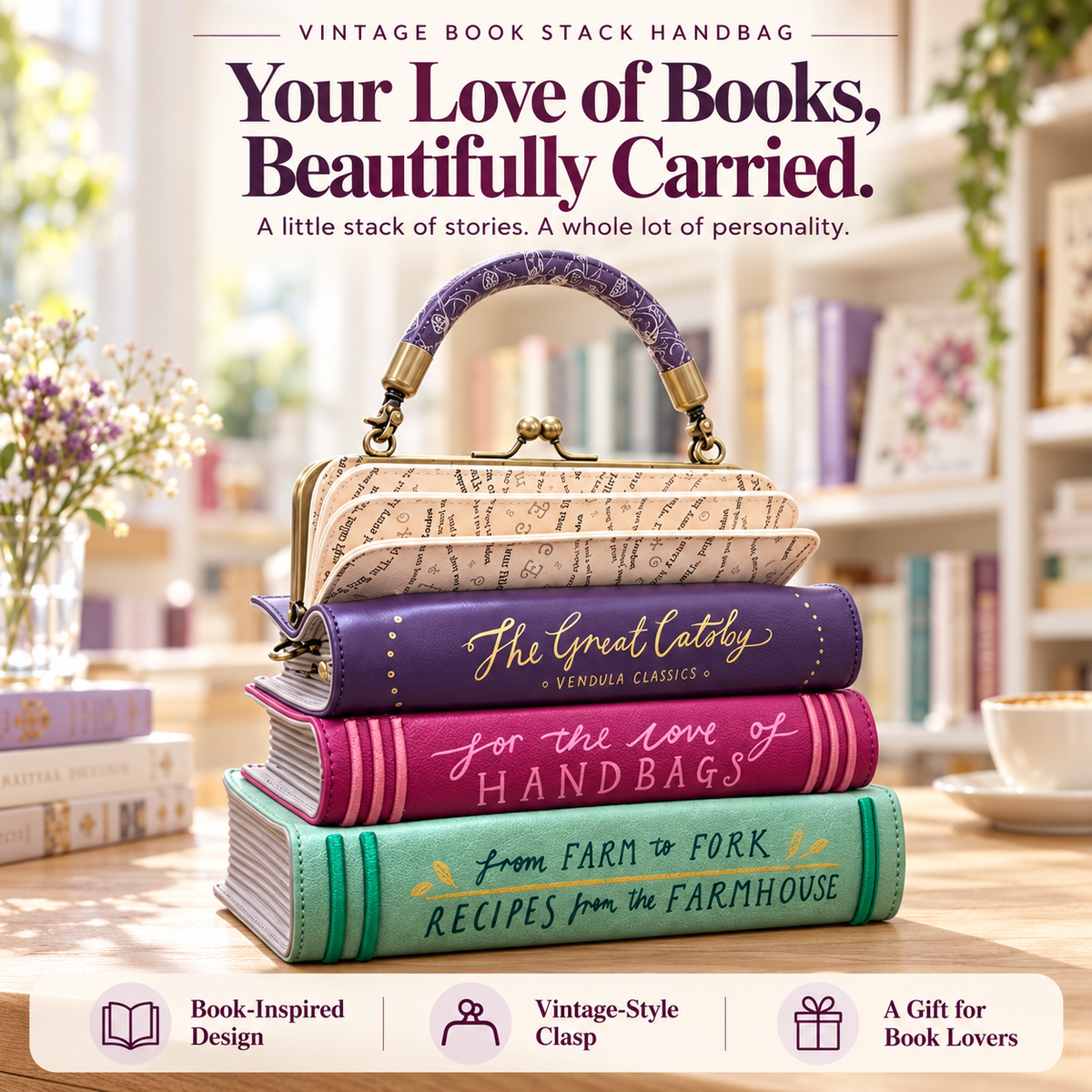 Vintage three-book stack handbag