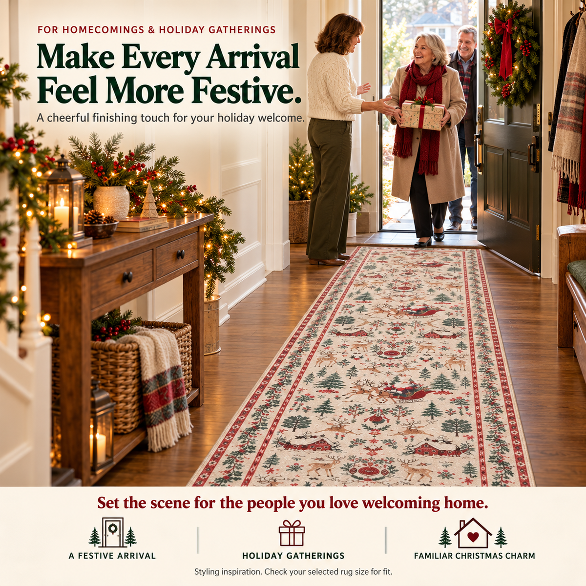 Family arriving through Christmas decorated entryway with vintage runner rug