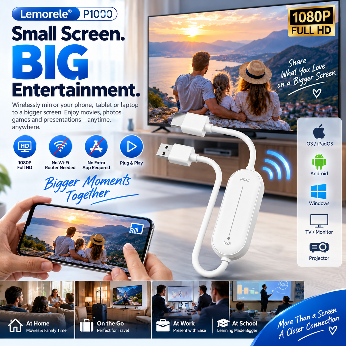 Wireless HDMI adapter mirroring smartphone screen to large television