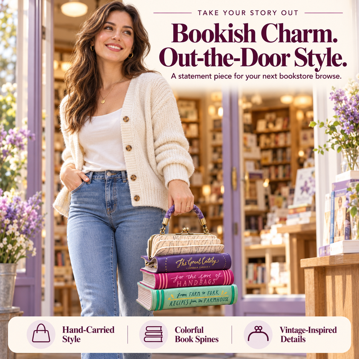 Woman hand carrying a colorful vintage book stack handbag
