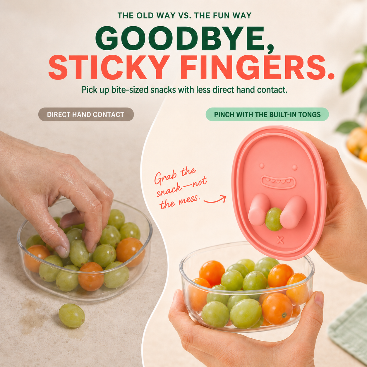 Snack & Grab Fruit Container – Built-In Finger Tongs for Less-Mess Snacking 🍇