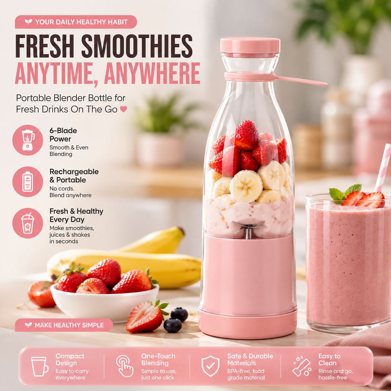✨ Mini Portable Blender Bottle – Make Fresh Smoothies, Juice & Shakes Anytime