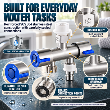 🚿 SUS 304 Dual-Control Faucet Splitter – 2-Way Hose & Washing Machine Adapter