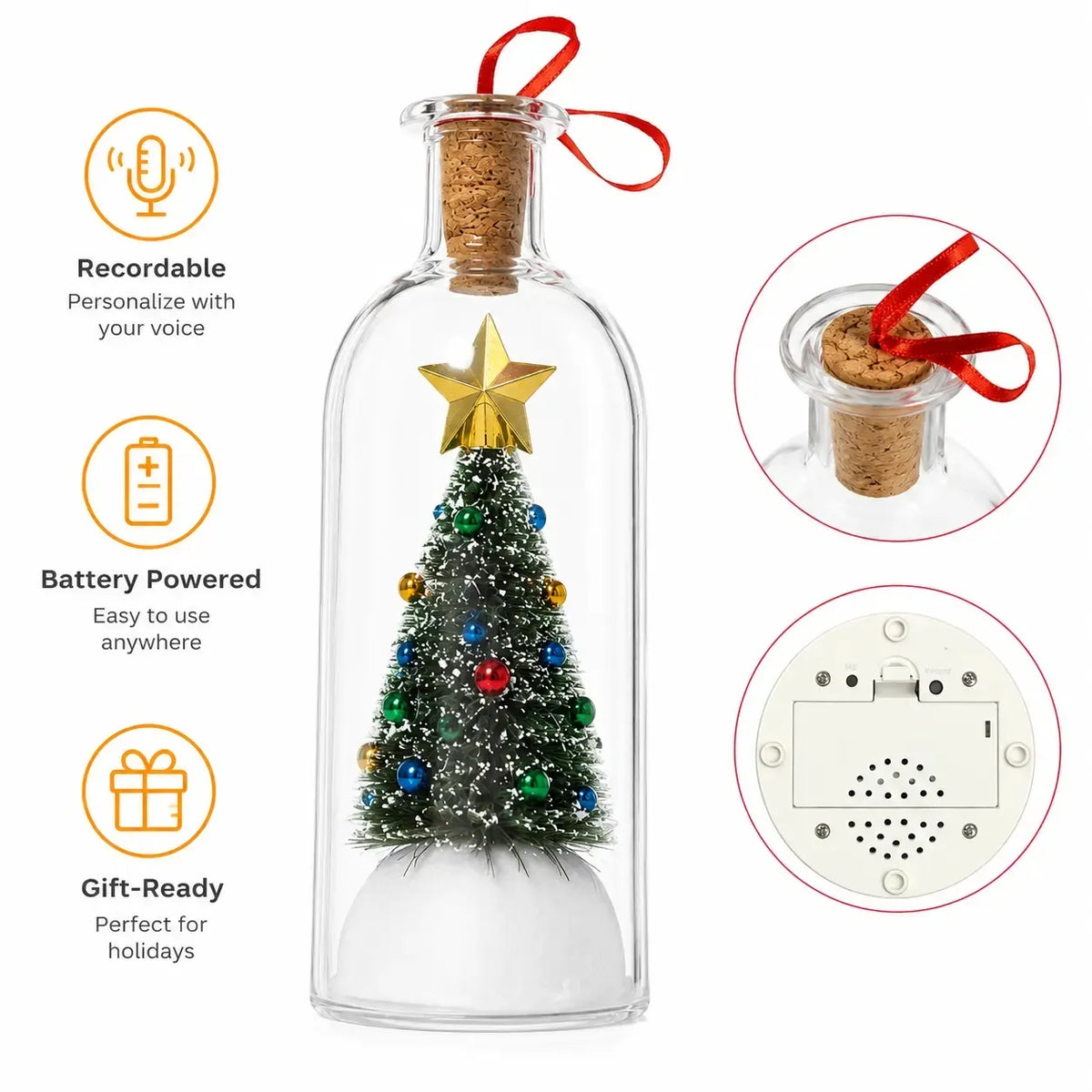 Christmas bottle ornament details including sound module and snowy scene
