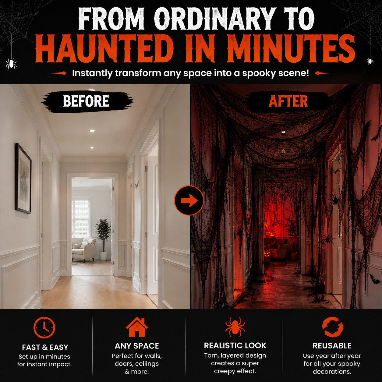 🕸️ Halloween Haunted House Web Cloth | Large Black Tattered Hanging Decoration for Spooky Party & Home Makeover