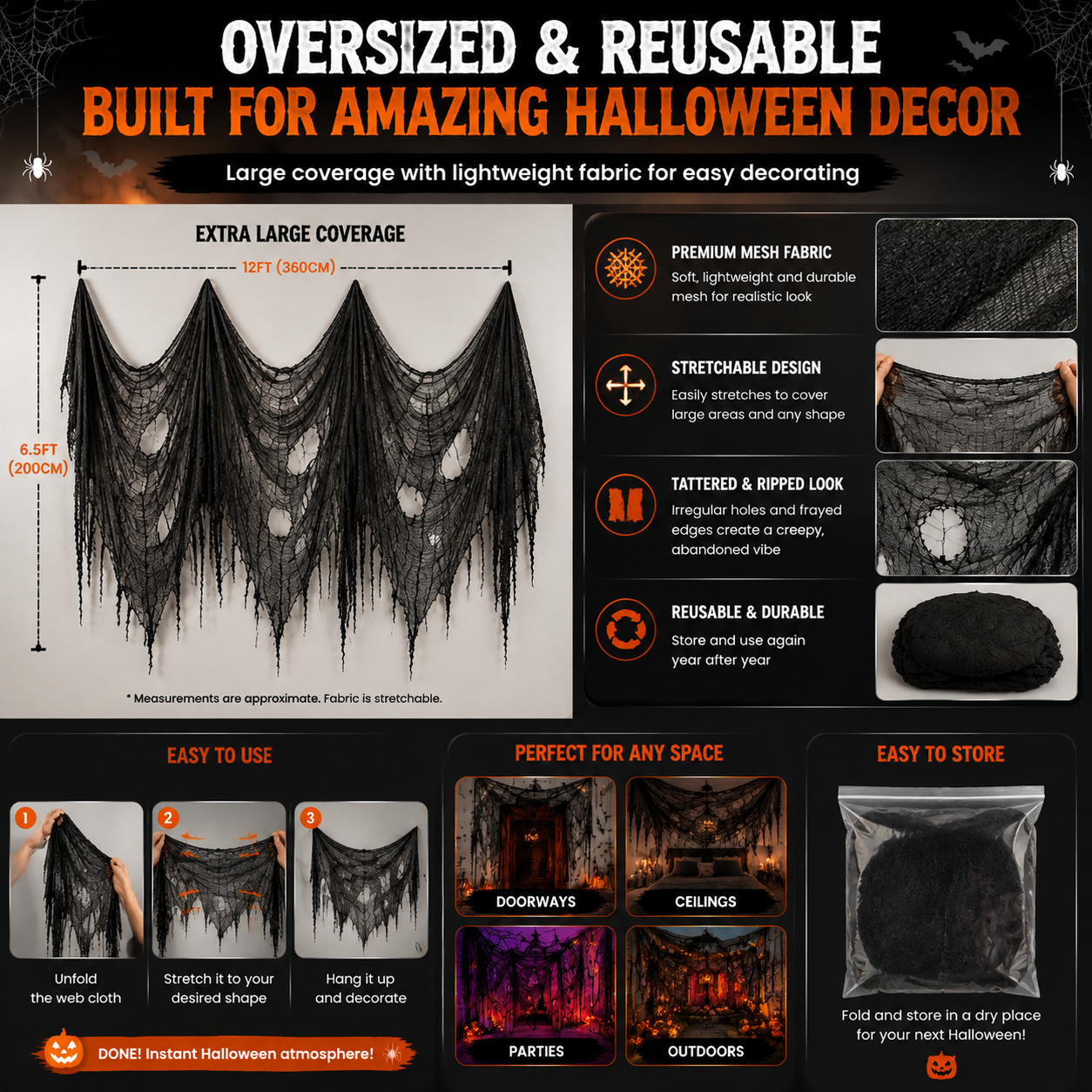 🕸️ Halloween Haunted House Web Cloth | Large Black Tattered Hanging Decoration for Spooky Party & Home Makeover